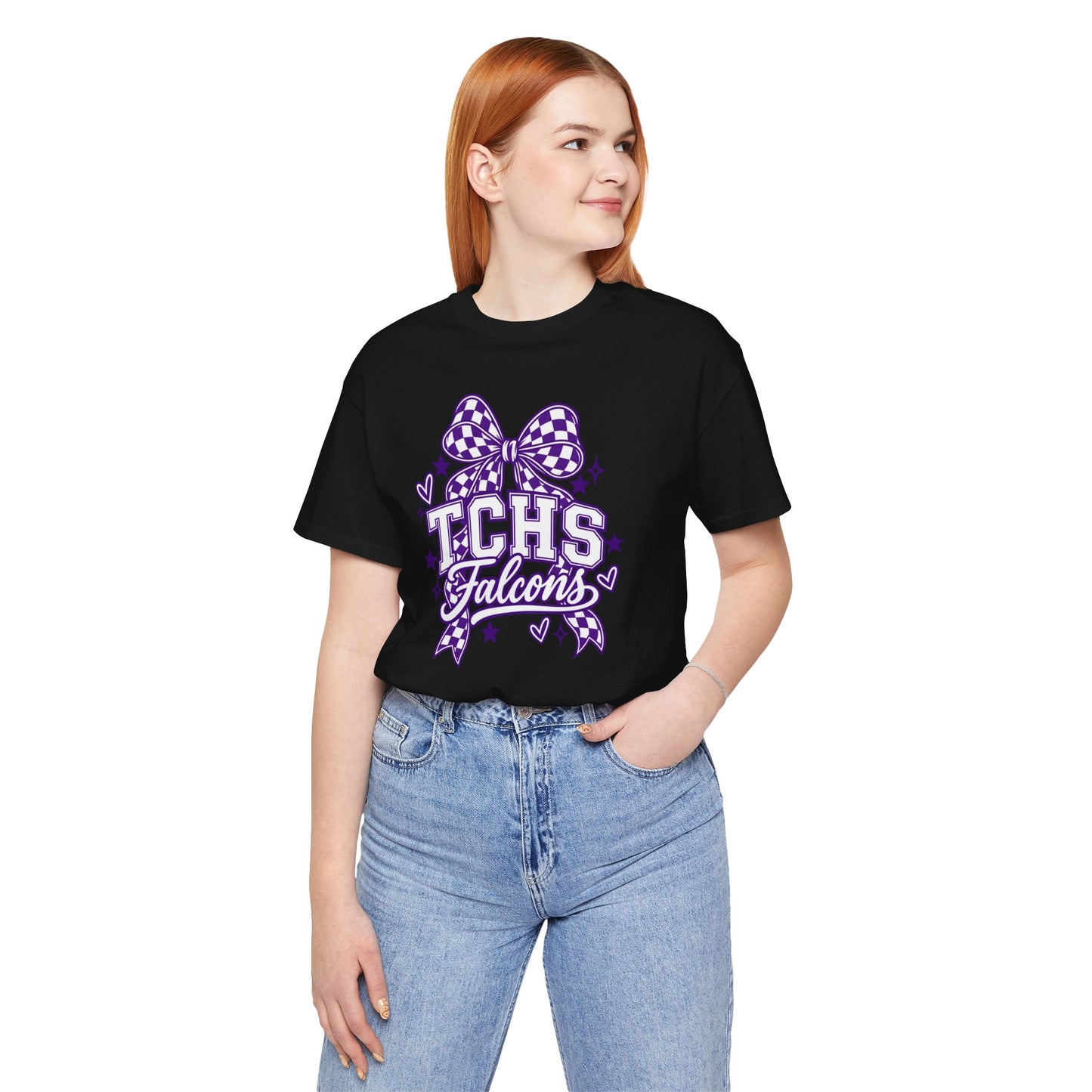 TCHS Falcons Cheerleader T-Shirt — Purple Bow Spirit Tee